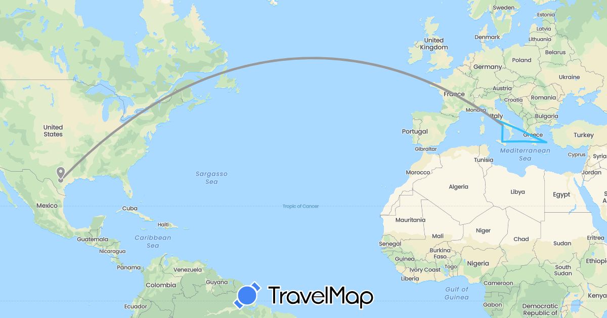 TravelMap itinerary: plane, boat in Greece, Italy, United States (Europe, North America)